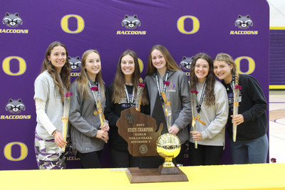 State Champion OHS Girls Volleyball team with gold ball trophy